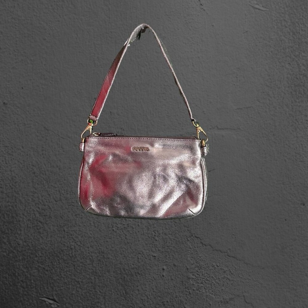 Fossil Memoir Leather Double Zip Shoulder Bag Handbag Gold Metallic